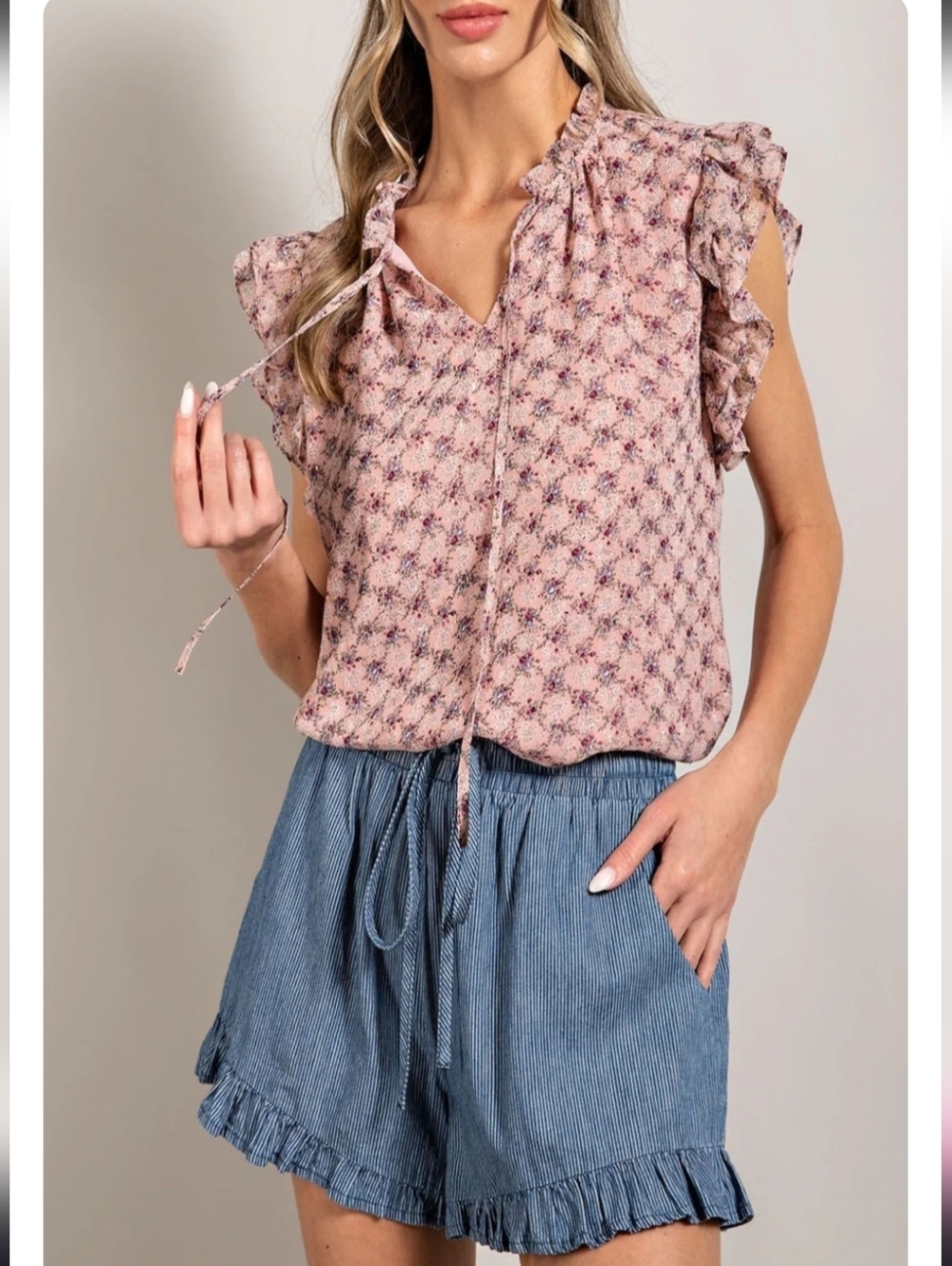 ee:some Pink Floral V-Neck Ruffle Sleeve Top Women's